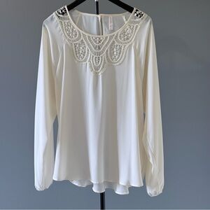 Xhilaration Cream Crochet Yoke Long-Sleeve Blouse